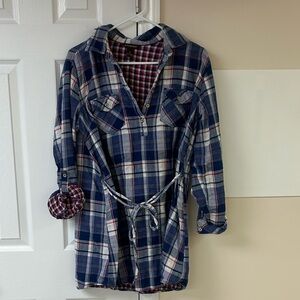Bit & Bridle Blue Red Plaid Flannel Cowgirl Button Down Tunic Long Sleeve Dress